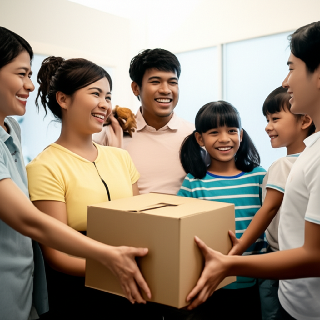 Filipino family receiving a care package
